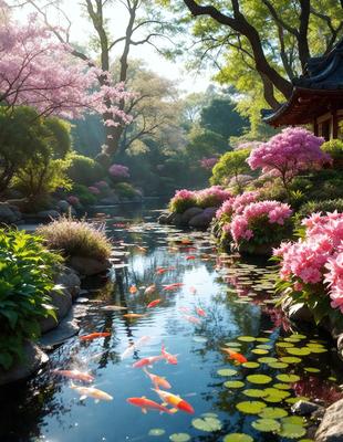 The primary subject of the image is a beautiful garden with a pond filled with water and surrounded by flowers. The garden is adorned with a variety of pink flowers, creating a serene and picturesque scene. The setting is a peaceful and natural environment, with the pond serving as the focal point. The visual style of the image is a combination of photo and digital art, creating a realistic yet artistic representation of the garden. The colors and mood of the image are predominantly pink, which adds